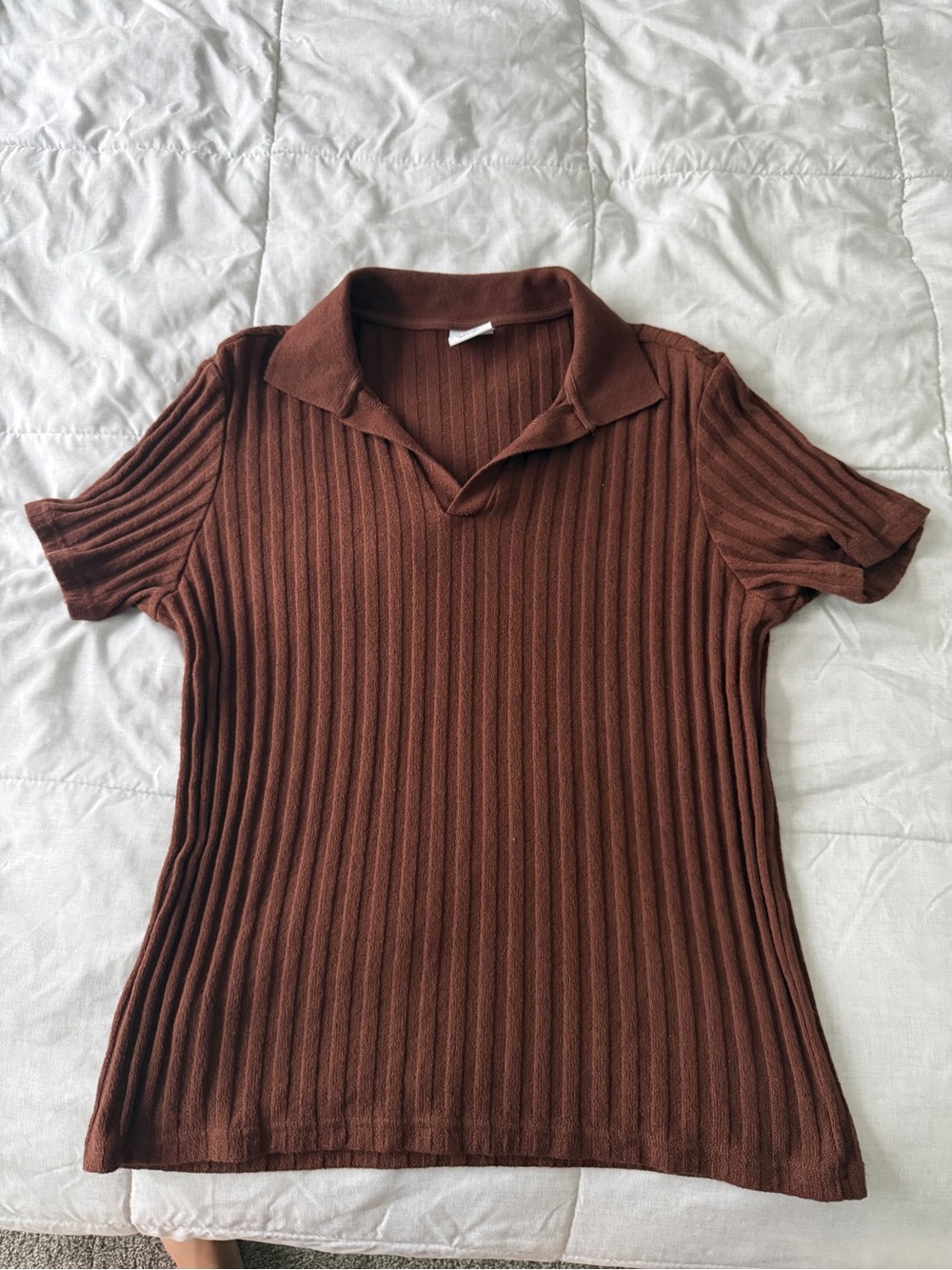 Mango Ribbed Short-Sleeve Polo Top - Brown
